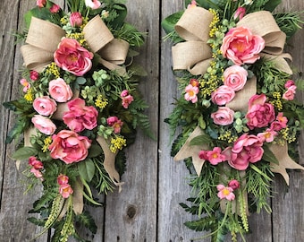 Pair of 2 Spring Wreaths, Summer Wreaths, Teardrop Swags, Pink Rose Floral & Burlap Swags, Mothers Day, Pair, French Doors, Double Doors