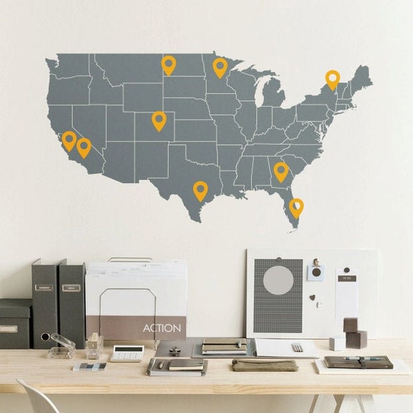 PUSH PIN DECAL - Large United States Vinyl Sticker - Office Wall Art - M002