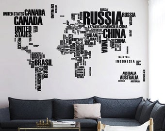 Large World Map Wall Decal with All Country Names - Globe Vinyl Art mural - Map wall art sticker for playroom, nursery, kids room WM008