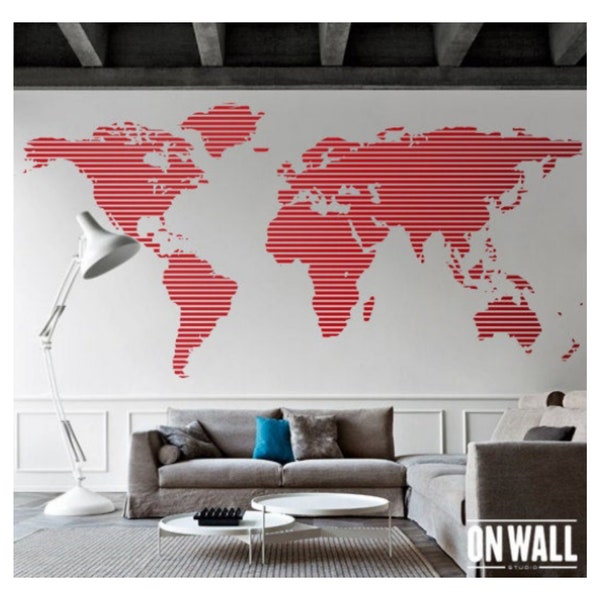 WORLD MAP DECAL- World Map wall Art - striped vinyl  work room sticker, office Décor - WM005