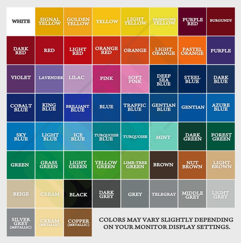 May include: A color chart with 64 different colors, including white, black, red, blue, green, yellow, orange, purple, brown, and grey. The colors are arranged in a grid pattern and labeled with their names.