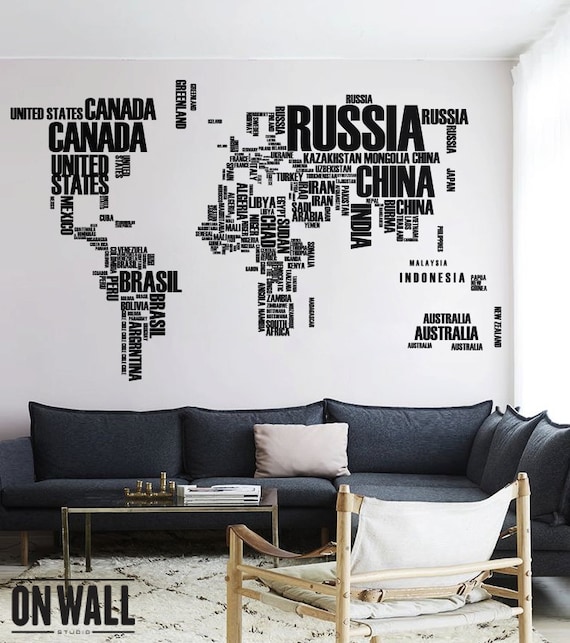 World Map Wall Decal With Country Names Removable Vinyl Sticker Wm008