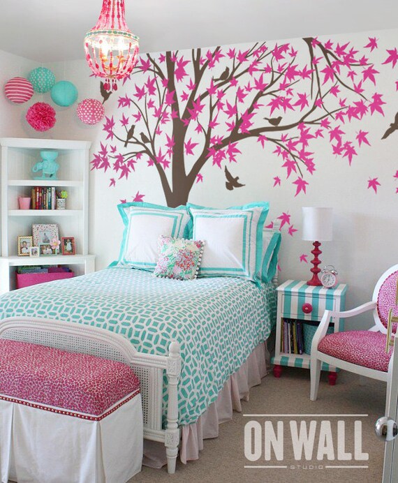 Pink Leaves Tree Vinyl Decal with Birds | Nature Wall Art for Home and Office Decor | Easy to Apply and Remove - K024B