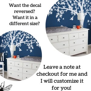 May include: A white tree decal with birds on a blue wall. The decal can be reversed or customized in different sizes. The text "REVERSE CUT" is at the top of the image. The text "Leave a note at checkout for me and I will customize it for you!" is at the bottom of the image. The text "ONWALL Studio" is at the bottom of the image.