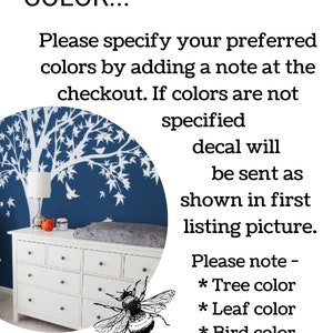 May include: A white tree decal with birds and leaves on a blue wall. The text "ABOUT THE COLOR..." is at the top of the image. The text "Please specify your preferred colors by adding a note at the checkout. If colors are not specified decal will be sent as shown in first listing picture. Please note - * Tree color * Leaf color * Bird color" is below the image. The text "ONWALL Studio" is at the bottom of the image.