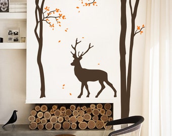 TREE WALL DECAL - Deer and Tree Wall Sticker- Nature Mural - MM022