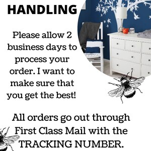 May include: A white dresser with six drawers against a blue wall with a white tree decal. The text "SHIPPING/HANDLING" is at the top of the image. The text below reads: "Please allow 2 business days to process your order. I want to make sure that you get the best! All orders go out through First Class Mail with the TRACKING NUMBER. I gladly ship International. ONWALL Studio"