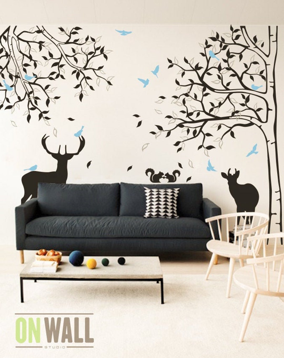 TREE WALL DECAL - Deer Wall Art - Large Wall Sticker With Squirrels and ...
