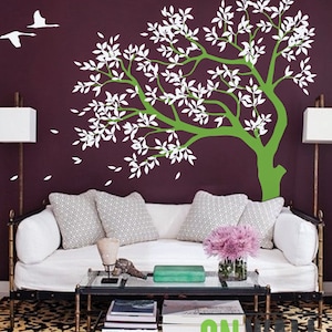 Large TREE WALL DECAL- Tree and Cranes Wall Sticker- Calming Wall Art- MM027