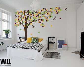 Large Autumn Tree decal, nursery vinyl decal, tree wall decal, Vinyl Wall Decal bird stickers K024