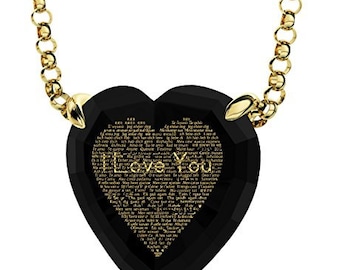 Big Sale! Gold Plated Silver Heart Pendant Necklace 24k Gold Inscribed in 120 Languages on Cubic Zirconia, Unique Romantic Gift for Her
