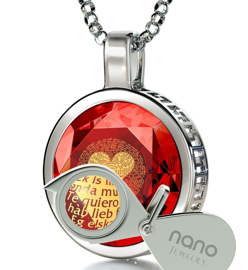 Perfect Gift for Her Anniversary Necklace I Love You Pendant Inscribed in 120 Languages in 24k Gold on CZ Romantic Silver Necklace
