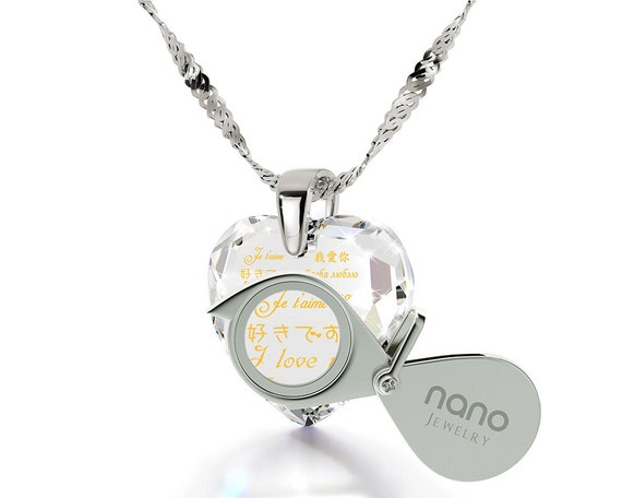 I Love You In 120 Languages Necklace & Heart Earrings Set - 24k Gold Inscribed Cubic Zirconia Romantic Jewelry - View #6