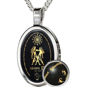 Price Drop! Zodiac Pendant Gemini Necklace Inscribed in 24k Gold on Onyx Stone, Sterling Silver or Gold Plated Silver, Star Sign Charm Gift