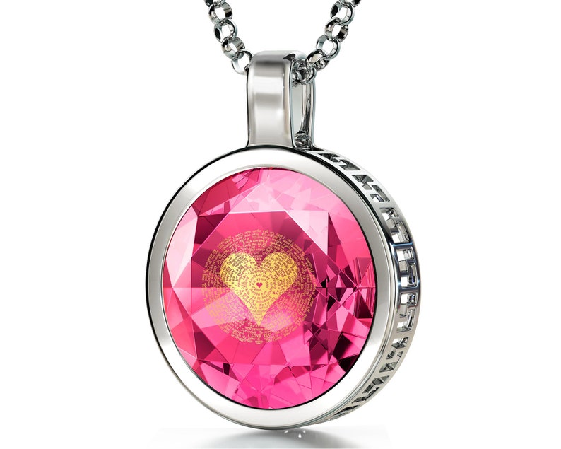 Perfect Gift for Her Anniversary Necklace I Love You Pendant Inscribed in 120 Languages in 24k Gold on CZ Romantic Silver Necklace