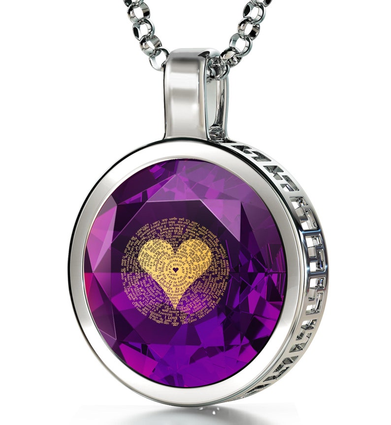 Perfect Gift for Her Anniversary Necklace I Love You Pendant Inscribed in 120 Languages in 24k Gold on CZ Romantic Silver Necklace