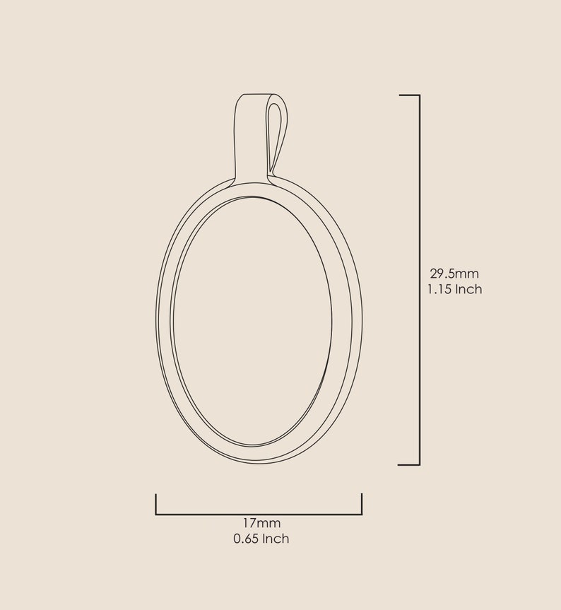 A silver oval pendant with a loop at the top for hanging. The pendant is 29.5mm tall and 17mm wide. The pendant is 1.15 inches tall and 0.65 inches wide.