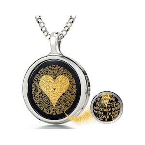 Anniversary and Mother&#39;s Day Romantic Gift for Her, I Love You Necklace Pendant - Written in 120 Languages in Pure Gold