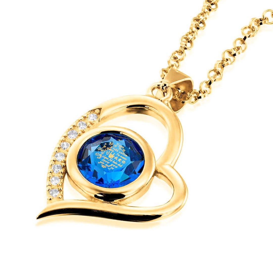 I Love You Necklace In 120 Languages - 24k Gold Inscribed Black Onyx Pendant & Crystal Heart Earrings Set