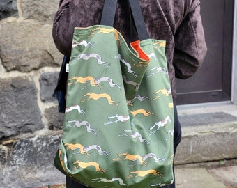 BIG tote bag, running greyhounds/whippets/hounds, original drawing by PanBolo, velour 265g/m2