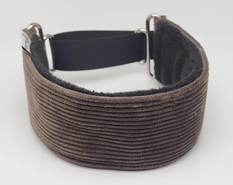 Comfortable, thick and soft, cord elegant wide martingale dog collar. Whippet collar, greyhound collar, sighthound collar. Mocha color