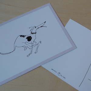 Cartolina, disegno, whippet, levriero, cane, whippet in esecuzione, regalo per gli amanti del whippet, corsa, whippet felice, biglietto di auguri