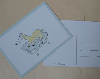 Postcard, drawing, whippet, pyjamas, greyhound, dog, gift for whippet lovers, greeting card, dog pyjamas, italian greyhound, funny card