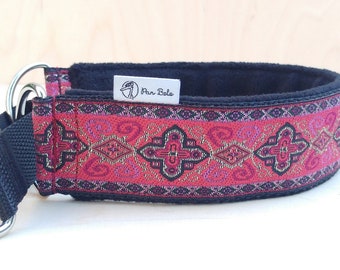 Martingale collar, whippet, greyhound, dog, soft, padded, whippet collar, pink/red, silver, jacquard ribbon