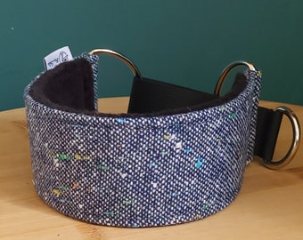 Comfortable, thick and soft, wool elegant, wide martingale dog collar. Whippet collar, greyhound collar, sighthound. Blue.