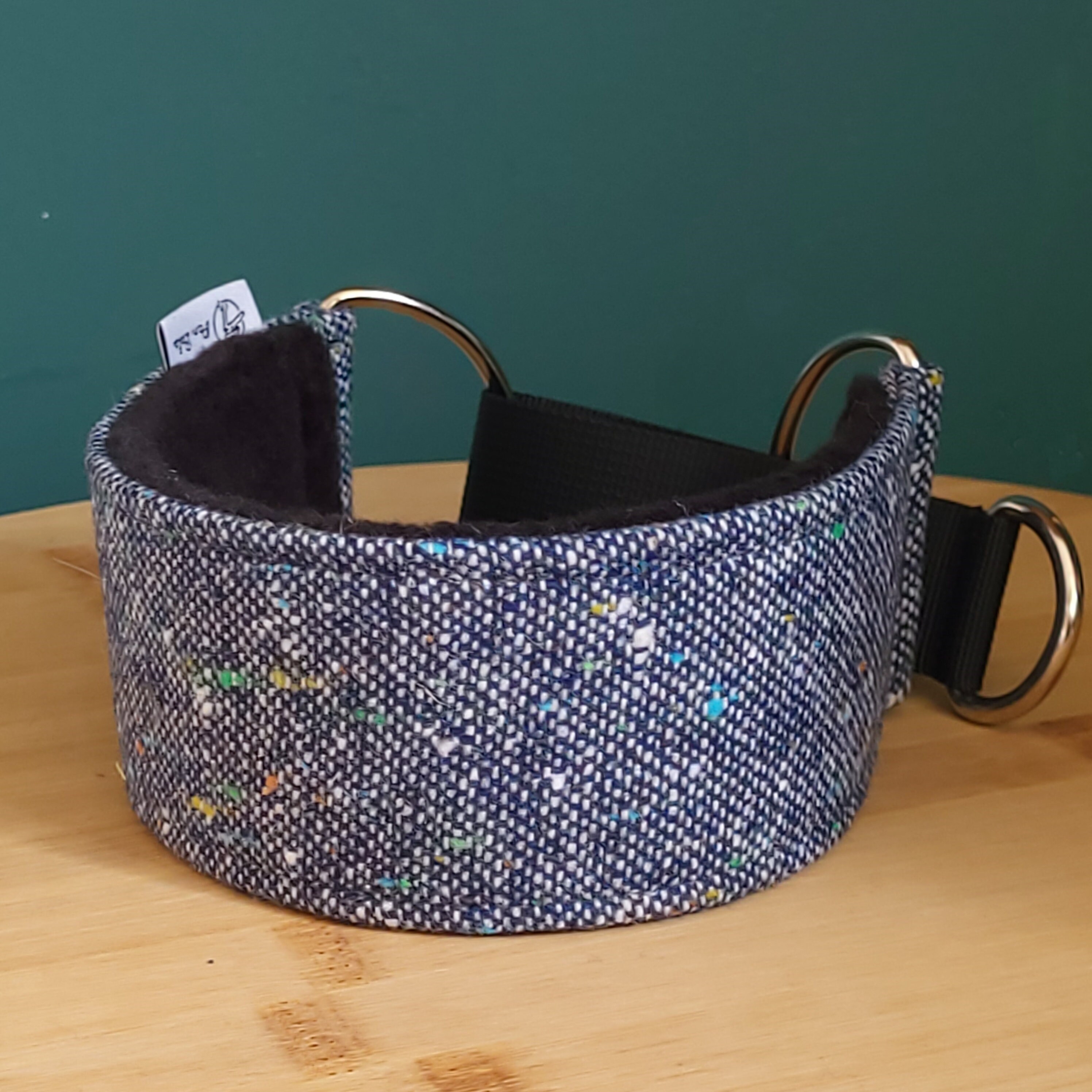Comfortable, thick and soft, wool elegant, wide martingale dog collar. Whippet collar, greyhound collar, sighthound. Blue.