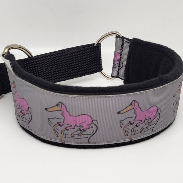 Comfortable, soft, cosy martingale dog collar. Width - 4.3cm/1.7''. Whippet, greyhound, sighthound, ig, galgo collar cartoon, funny drawing