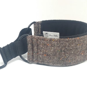 Comfortable, soft, elegant, wide martingale dog collar. Whippet collar, greyhound collar, sighthound collar. Brown wool fabric.