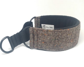 Comfortable, soft, elegant, wide martingale dog collar. Whippet collar, greyhound collar, sighthound collar. Brown wool fabric.