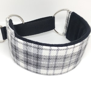 Comfortable, soft, cosy martingale dog collar. Whippet collar, greyhound collar,galgo, light grey plaid pattern