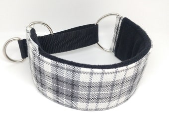 Comfortable, soft, cosy martingale dog collar. Whippet collar, greyhound collar,galgo, light grey plaid pattern