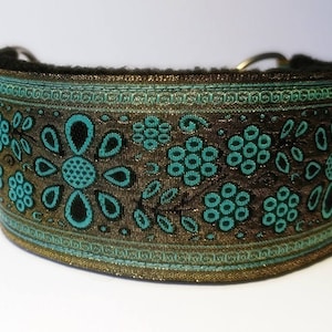 Kuscheliges Zugstopphalsband mit Zugstopp. Breite - 5,5 cm. Blau/gold. Halsband für Whippet, Windhundhalsband, Windhundhalsband.