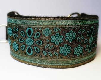 Comfortable, soft&cosy, elegant dog martingale collar. Width - 5.5cm/2,2&#39;&#39;. Blue/gold. Whippet collar, greyhound collar, sighthound collar.