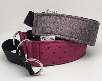 Comfortable, soft, cosy martingale dog collar. Whippet collar, greyhound collar, sighthound collar, fuchsia, dots