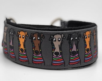 Comfortable, soft, cosy martingale dog collar. Width - 5cm/2''. Whippet, greyhound, sighthound, ig, galgo collar cartoon, funny drawing