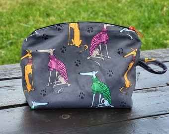 Cosmetic bag, washbag, whippet cartoon, whippetlover gift, soft bag, dog cartoon, greyhound, sighound lover, funny dogs, doglovers gift