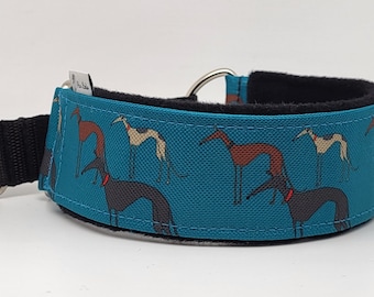 Comfortable, soft, cosy martingale dog collar. Width - 5cm/2''. Whippet, greyhound, sighthound, ig, galgo collar cartoon, funny drawing