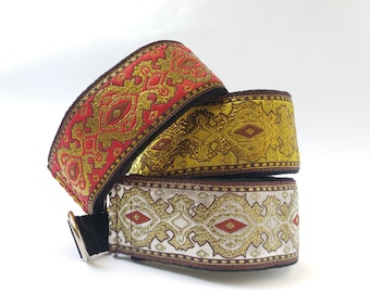 Comfortable, soft&cosy, elegant whippet martingale collar. Width - 5.5cm/2,2''. Gold/silver/red.