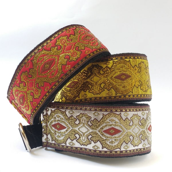 Comfortable, soft&cosy, elegant whippet martingale collar. Width - 5.5cm/2,2''. Gold/silver/red.