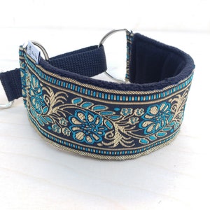 Comfortable, soft, cosy martingale dog collar. Width - 5.5cm/2,2''. Whippet collar, greyhound collar, sighthound collar, blue flowers