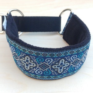 Martingale collar, whippet, greyhound, dog, soft, padded, whippet collar, blue, silver, jacquard ribbon
