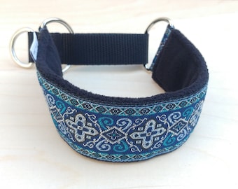 Martingale collar, whippet, greyhound, dog, soft, padded, whippet collar, blue, silver, jacquard ribbon