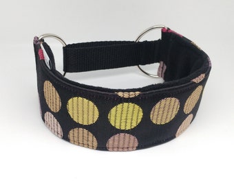 Comfortable, soft, cosy martingale dog collar. Whippet collar, greyhound collar, sighthound collar. Colourful polka dot on black.