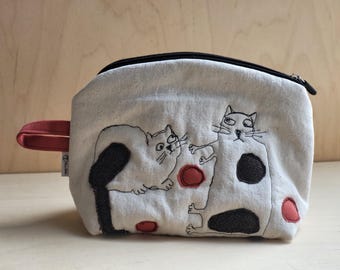Whimsical Embroidered Cat Makeup Bag | Free Motion Embroidery Canvas Pouch | Quirky Cat Lover Gift | 100% Cotton Zipper Pouch