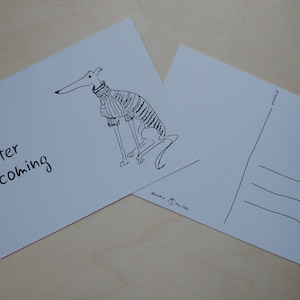 Cartolina, disegno, whippet, levriero, cane, inverno, maglione per cani, regalo per gli amanti del whippet