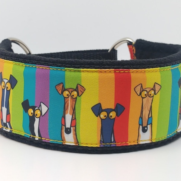 Comfortable, soft&cosy martingale dog collar. Width - 4.5cm/1.7''. Whippet collar, greyhound collar, sighthound collar, cartoon, colourfull